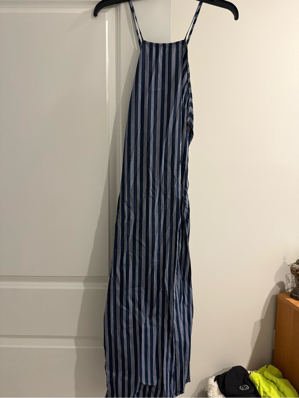 Blue and White Striped Midi Dress with Spaghetti Straps